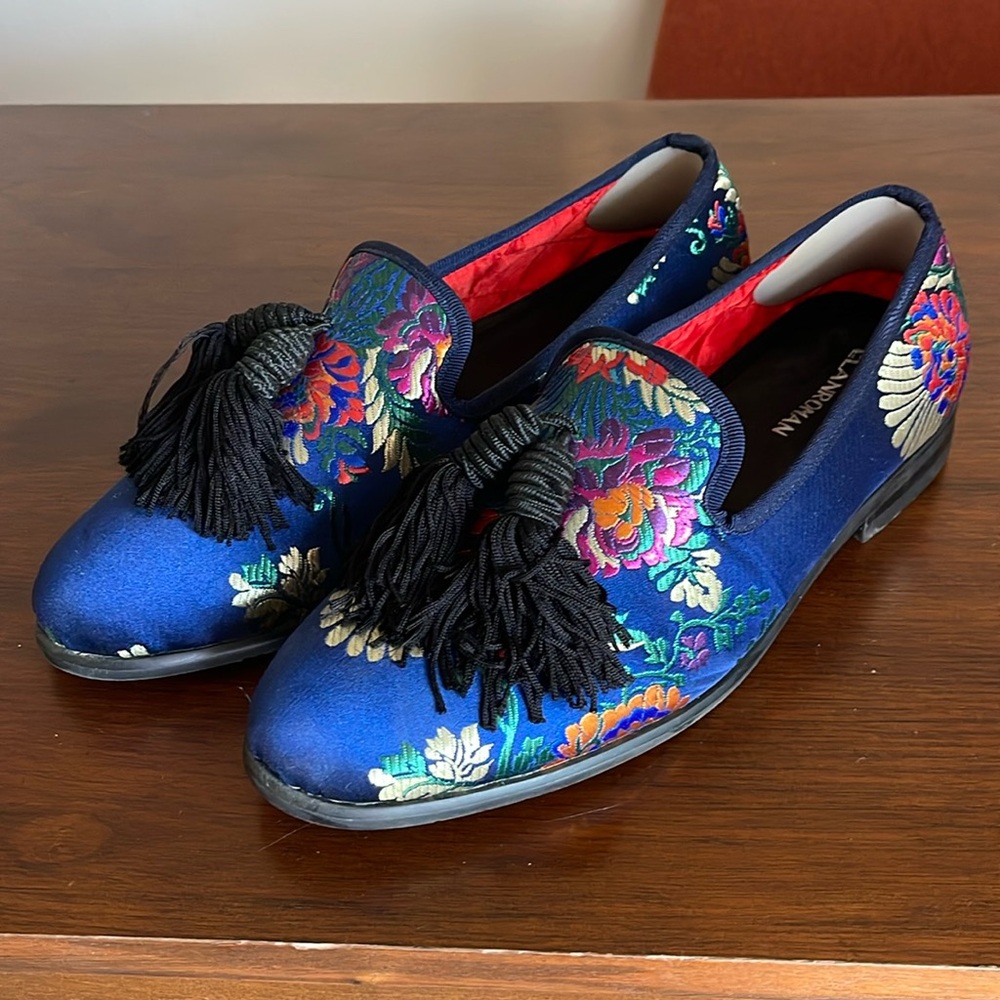 ELANROMAN Men’s Blue Satin Embroidered Loafers with Tassels